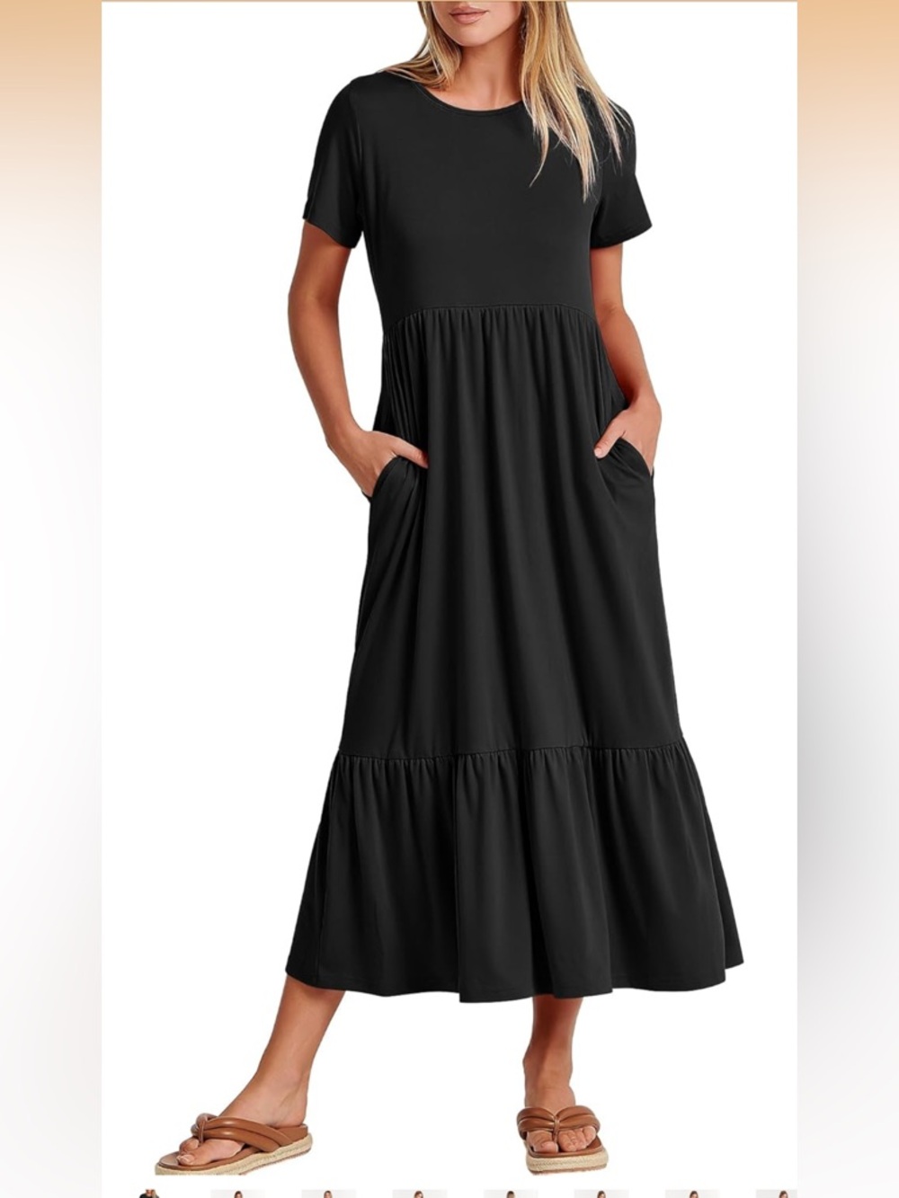 Black Short-Sleeve Tiered Midi Dress - Women - Large